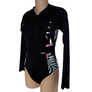 Roxy Active One Piece Swimsuit Small Black Floral Long Sleeve Zip Surf Suit
